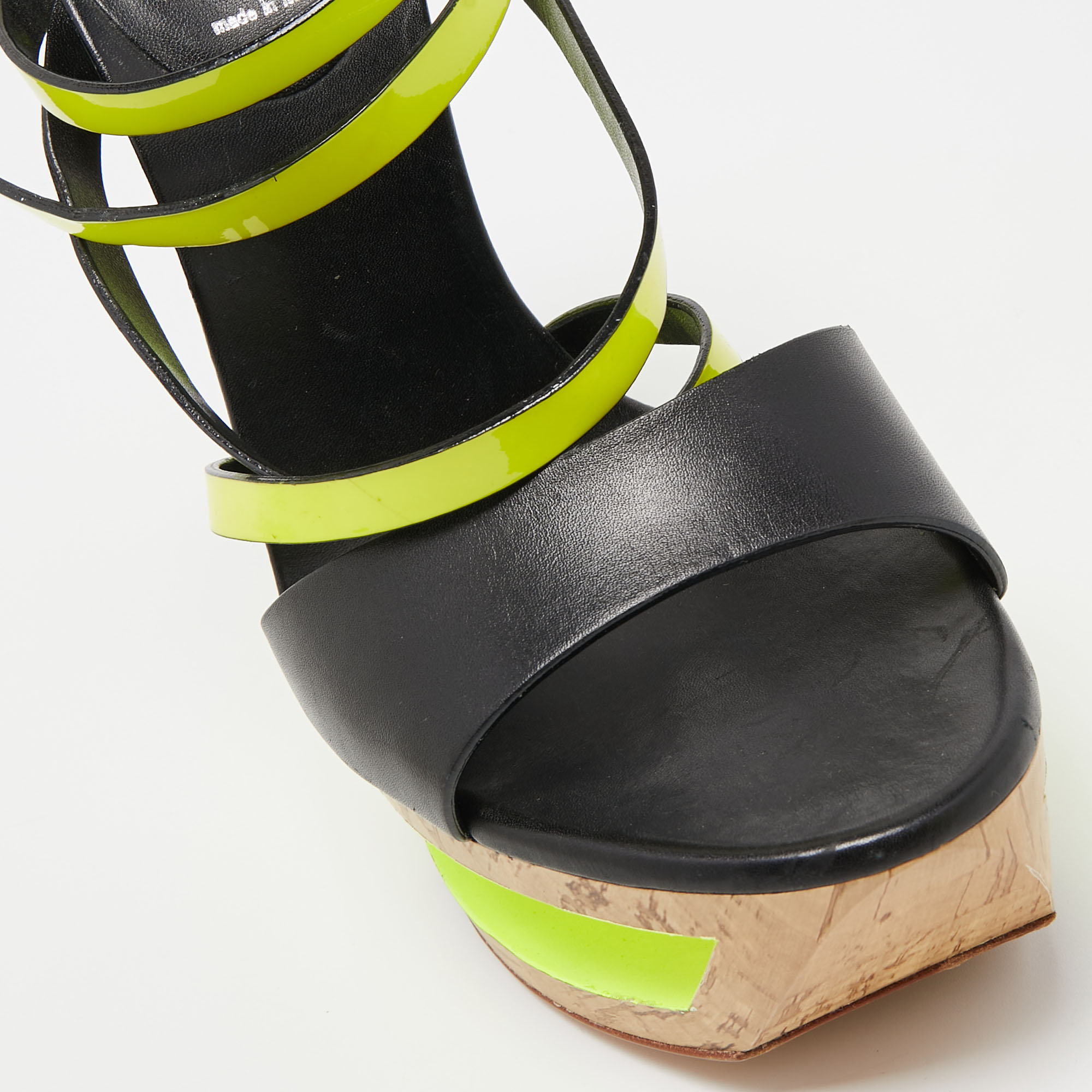 Casadei Black/Neon Yellow Leather And Patent Cork Wedge Platform Strappy Sandals Size 38