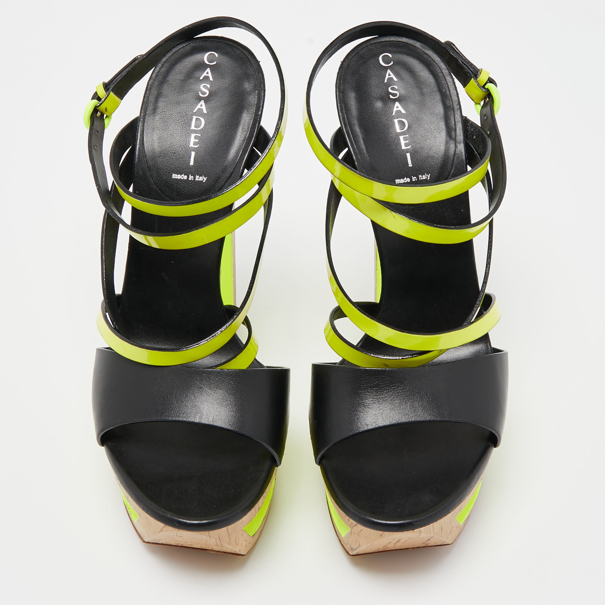 Casadei Black/Neon Yellow Leather And Patent Cork Wedge Platform Strappy Sandals Size 38