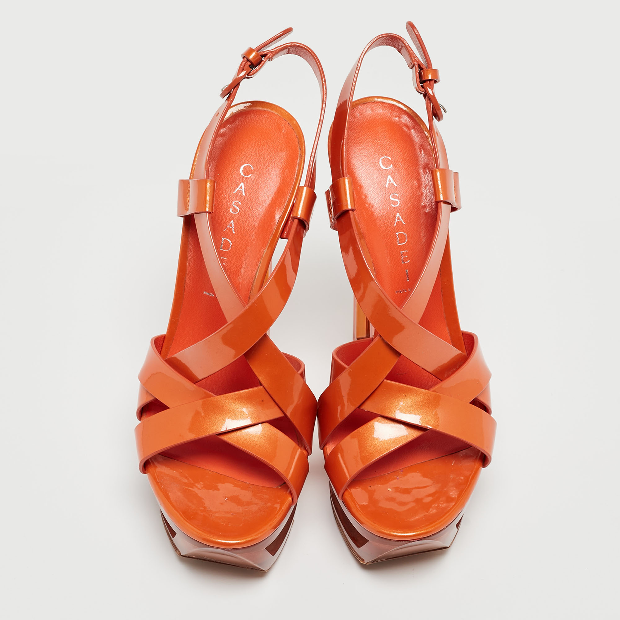 Casadei Orange Patent Leather Ankle Strap Sandals Size 38