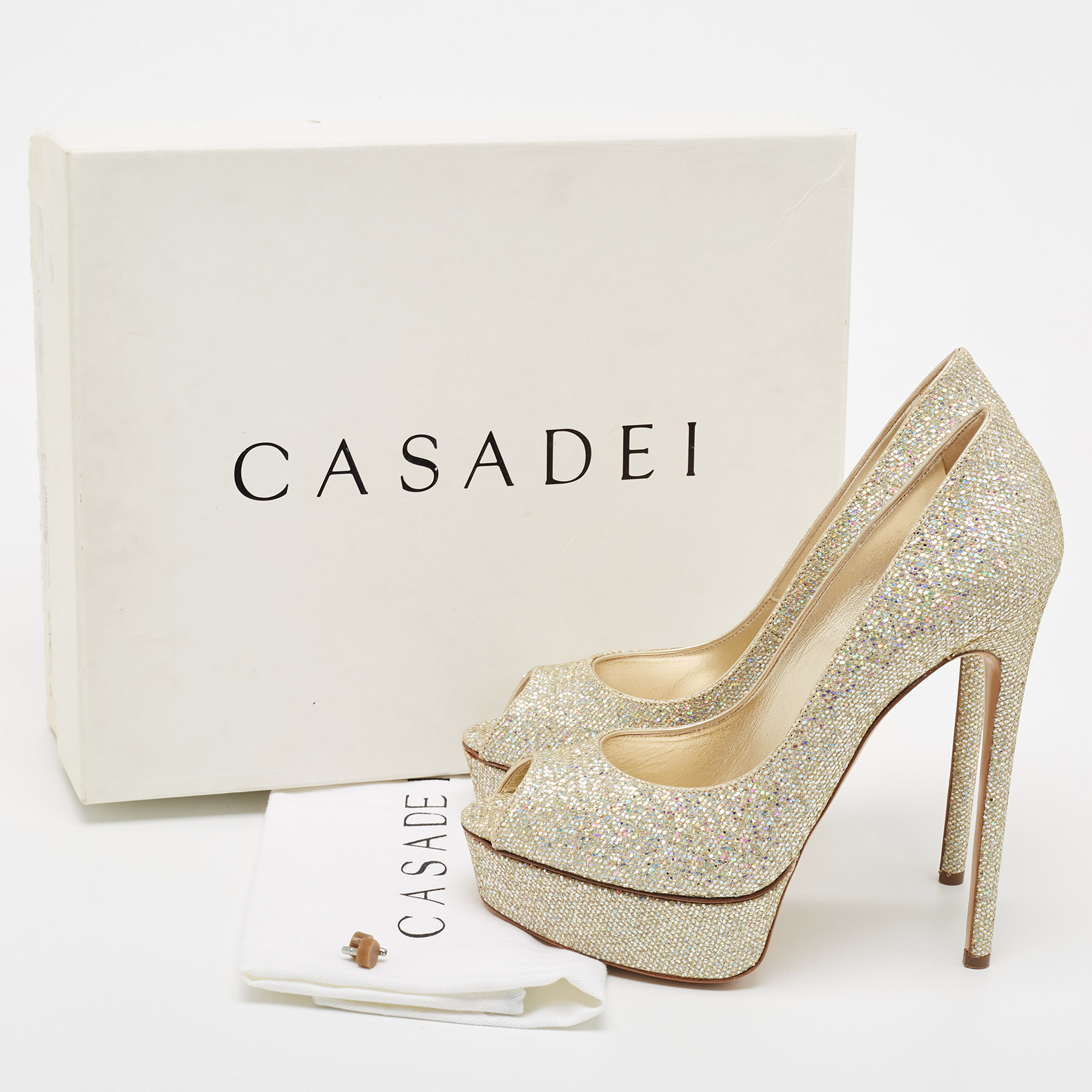 Casadei Gold Glitter Leather Peep Toe Platform Pumps Size 40