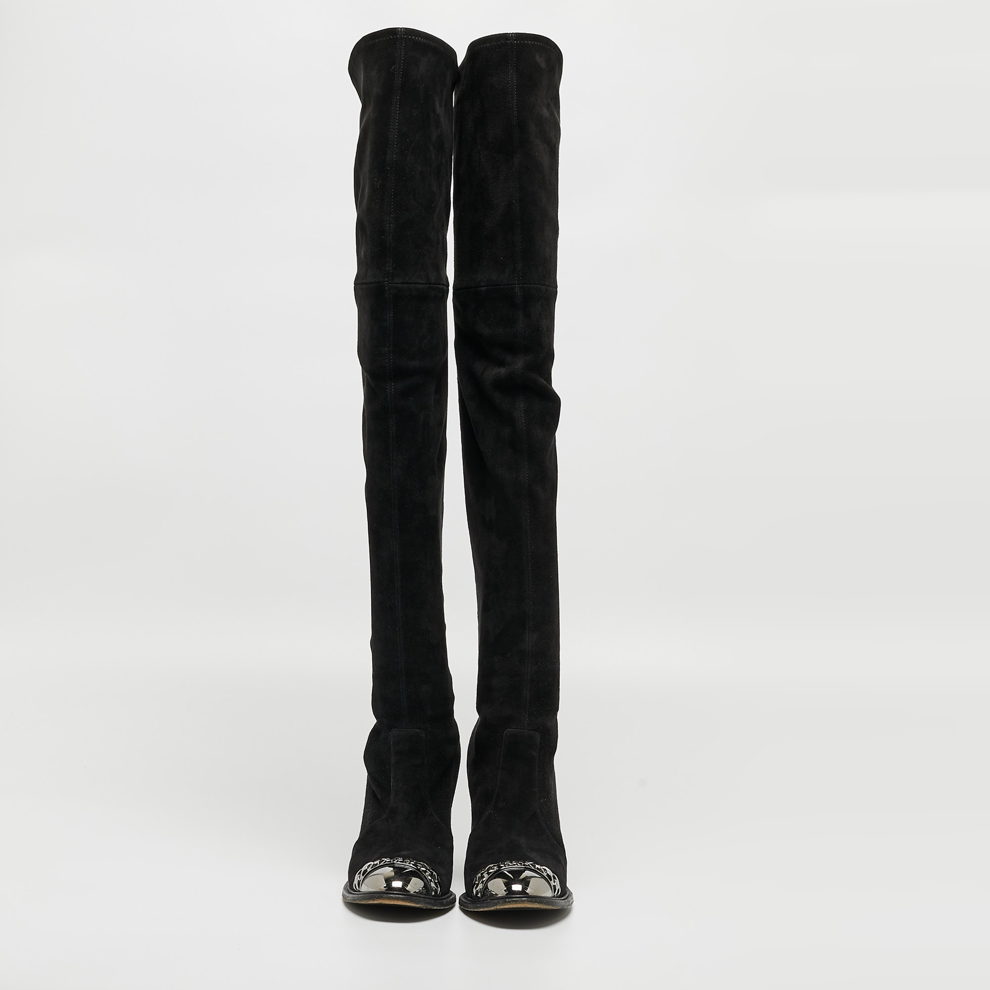 Casadei Black Suede Embellished Metal Toe Cap Knee Length Boots Size 37.5