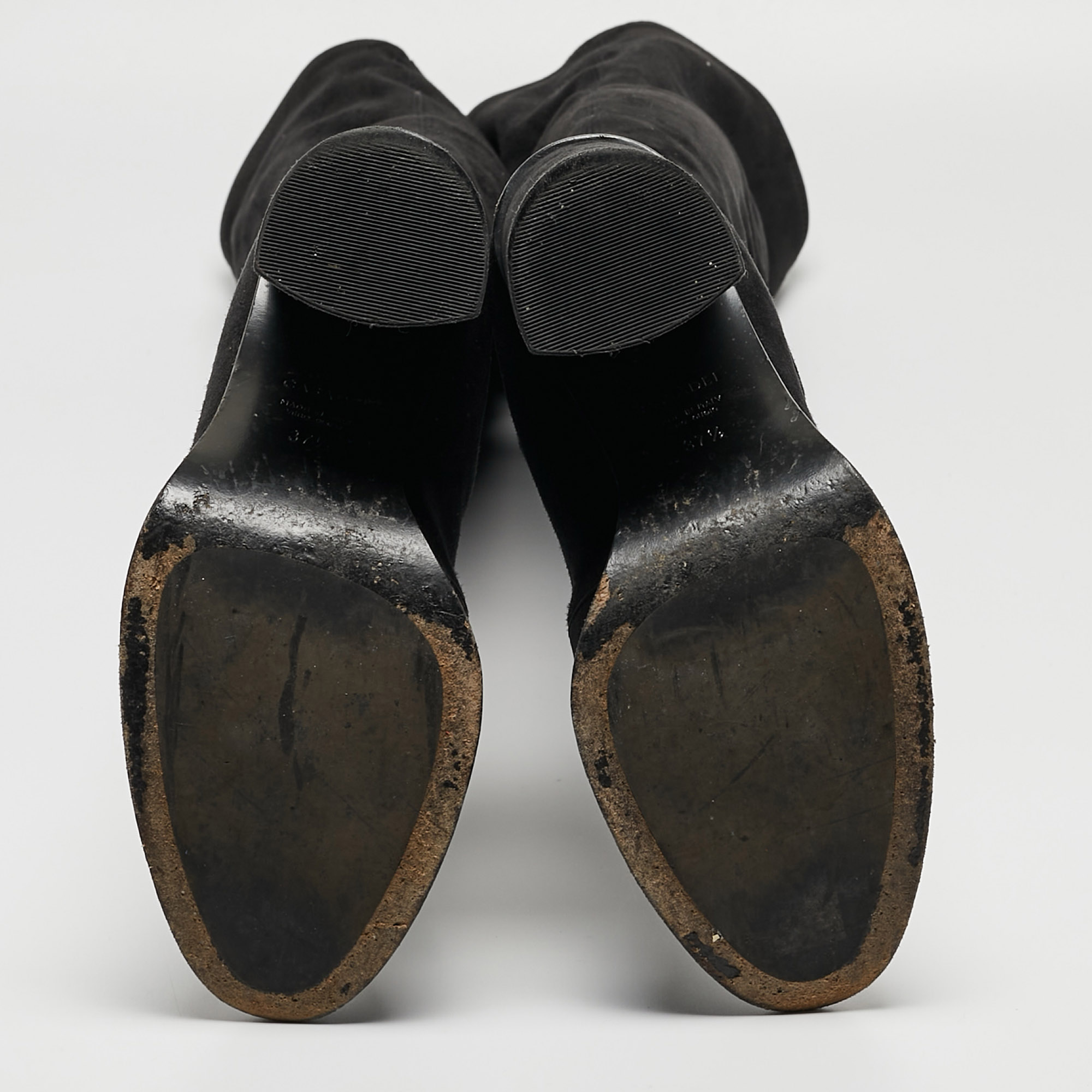 Casadei Black Suede Embellished Metal Toe Cap Knee Length Boots Size 37.5