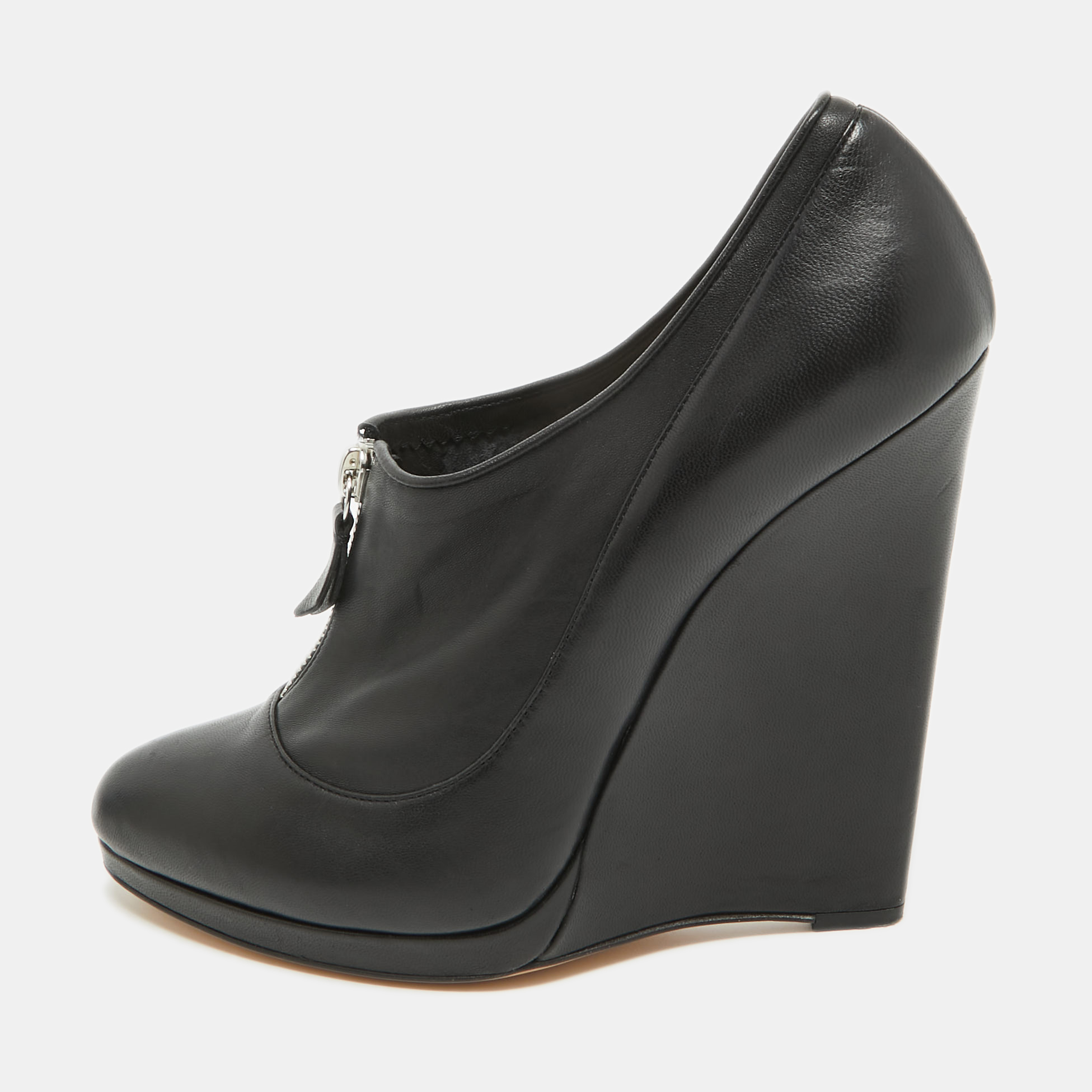Casadei Black Leather Wedge Platform Ankle Booties Size 39