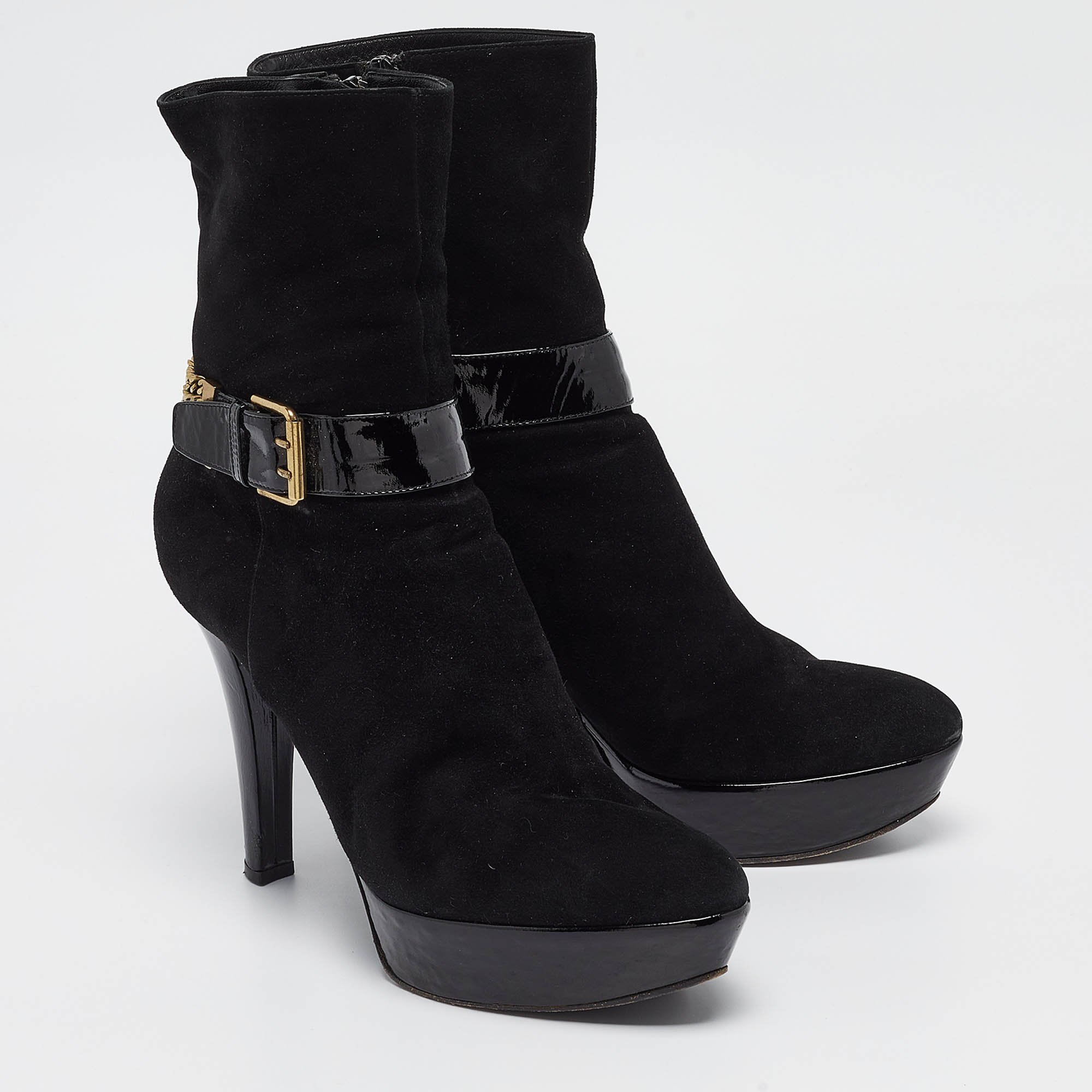 Casadei Black Suede Buckle Chain Embellished Platform Ankle Boots Size 38