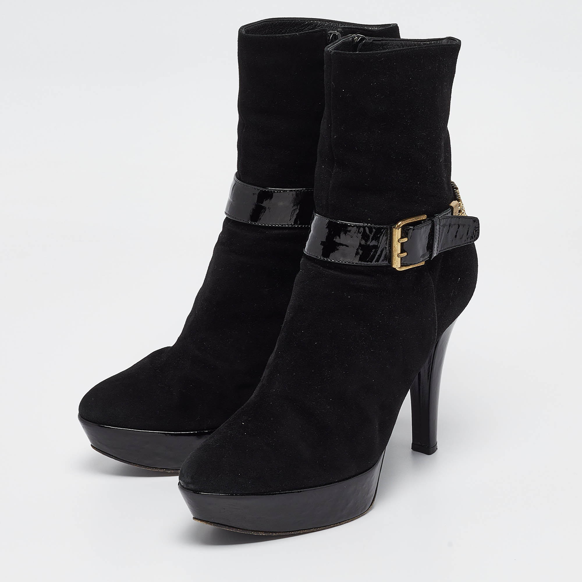 Casadei Black Suede Buckle Chain Embellished Platform Ankle Boots Size 38