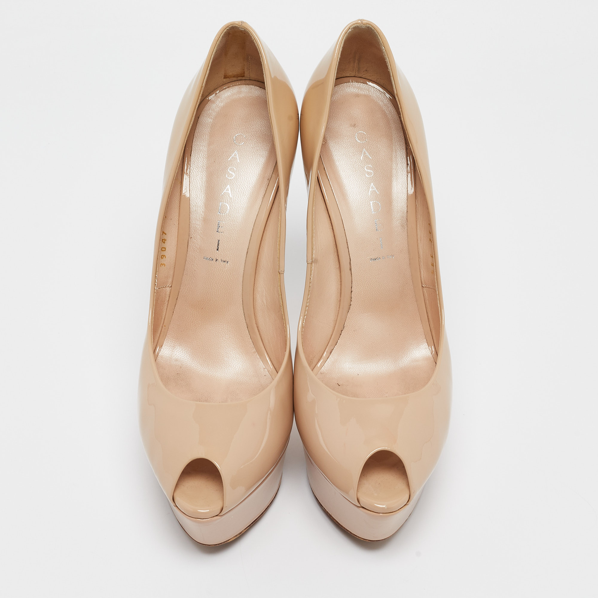 Casadei Beige Patent Leather Platform Peep Toe Pumps Size 39.5