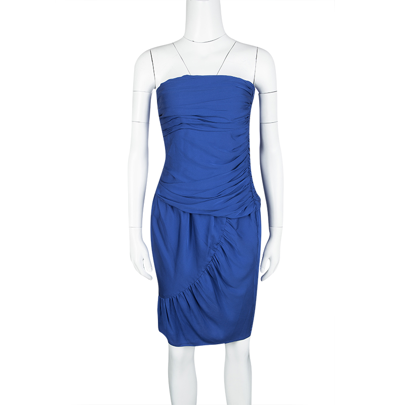 

Catherine Malandrino Blue Silk Ruched Strapless Dress