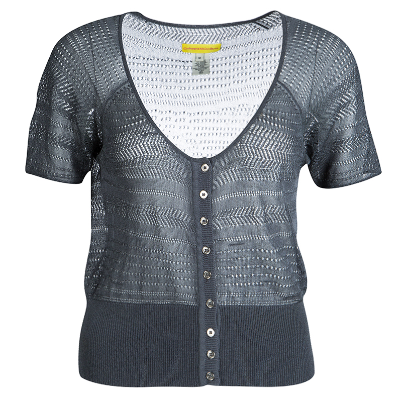 Image of Catherine Malandrino Grey Perforated Knit Button Front Crop Top M