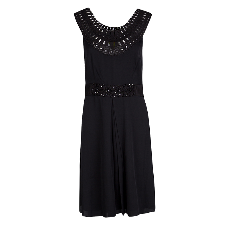 Image of Catherine Malandrino Black Silk Lace Neck detail Embellished Belted Dress M