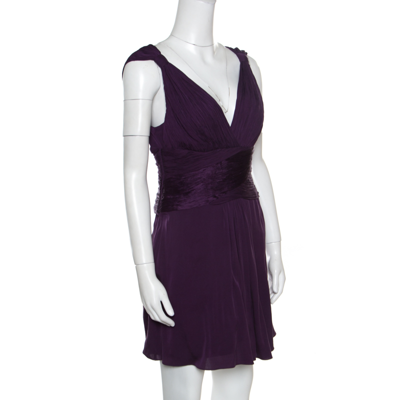 Catherine Malandrino Purple Silk Gathered Bodice Detail Sleeveless Dress M