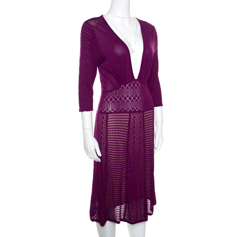 

Catherine Malandrino Grape Purple Perforated Knit Plunge Neck Dress