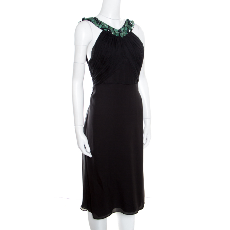 Malandrino Black Silk Plisse Bodice Detail Embellished Sleeveless A Line Dress M