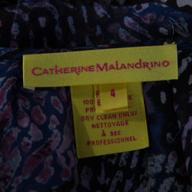Catherine Malandrino Multicolor Printed Silk Frayed Neck Detail Long Sleeve Blouse S
