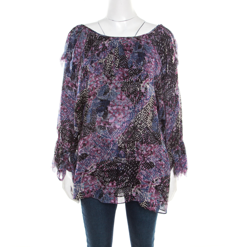 

Catherine Malandrino Multicolor Printed Silk Frayed Neck Detail Long Sleeve Blouse