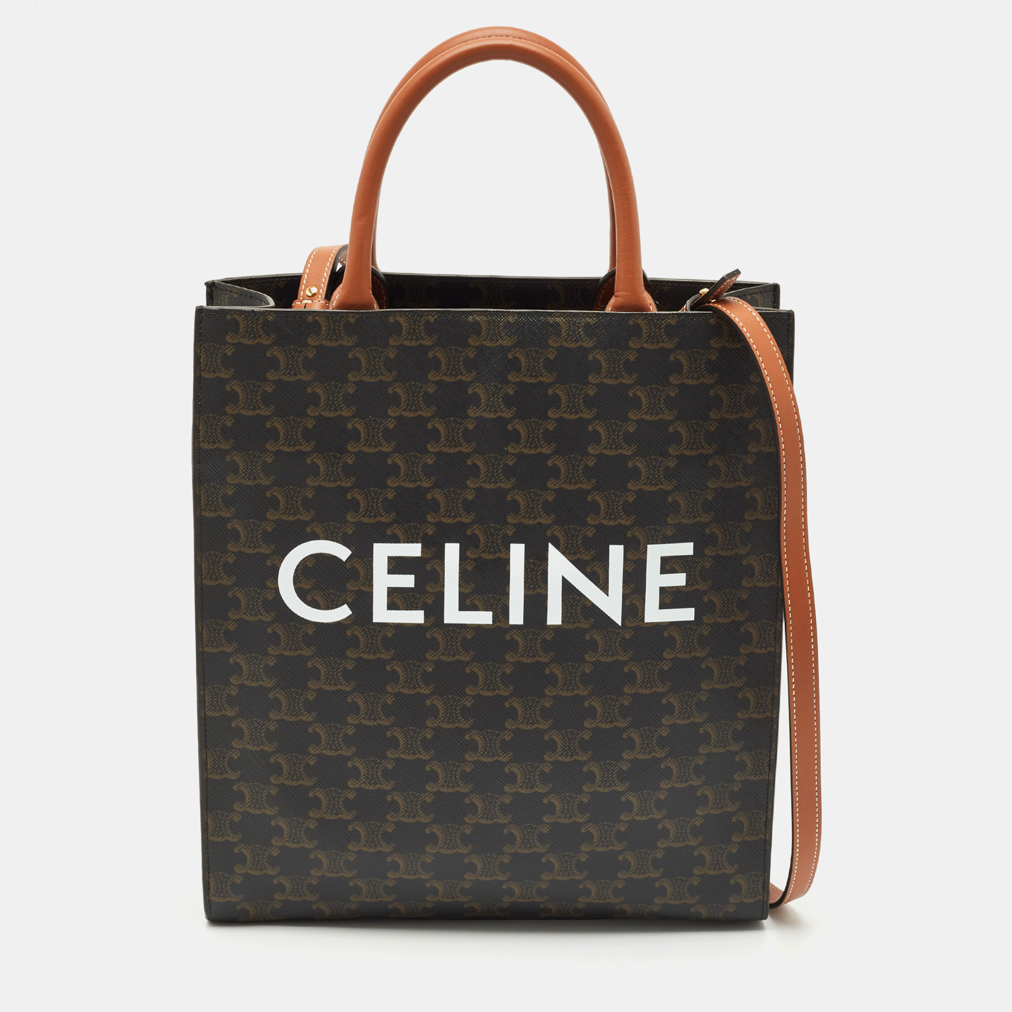 Celine Brown Triomphe Canvas and Leather Small Vertical Cabas Tote
Celine Brown Triomphe Canvas and Leather Small Vertical Cabas Tote