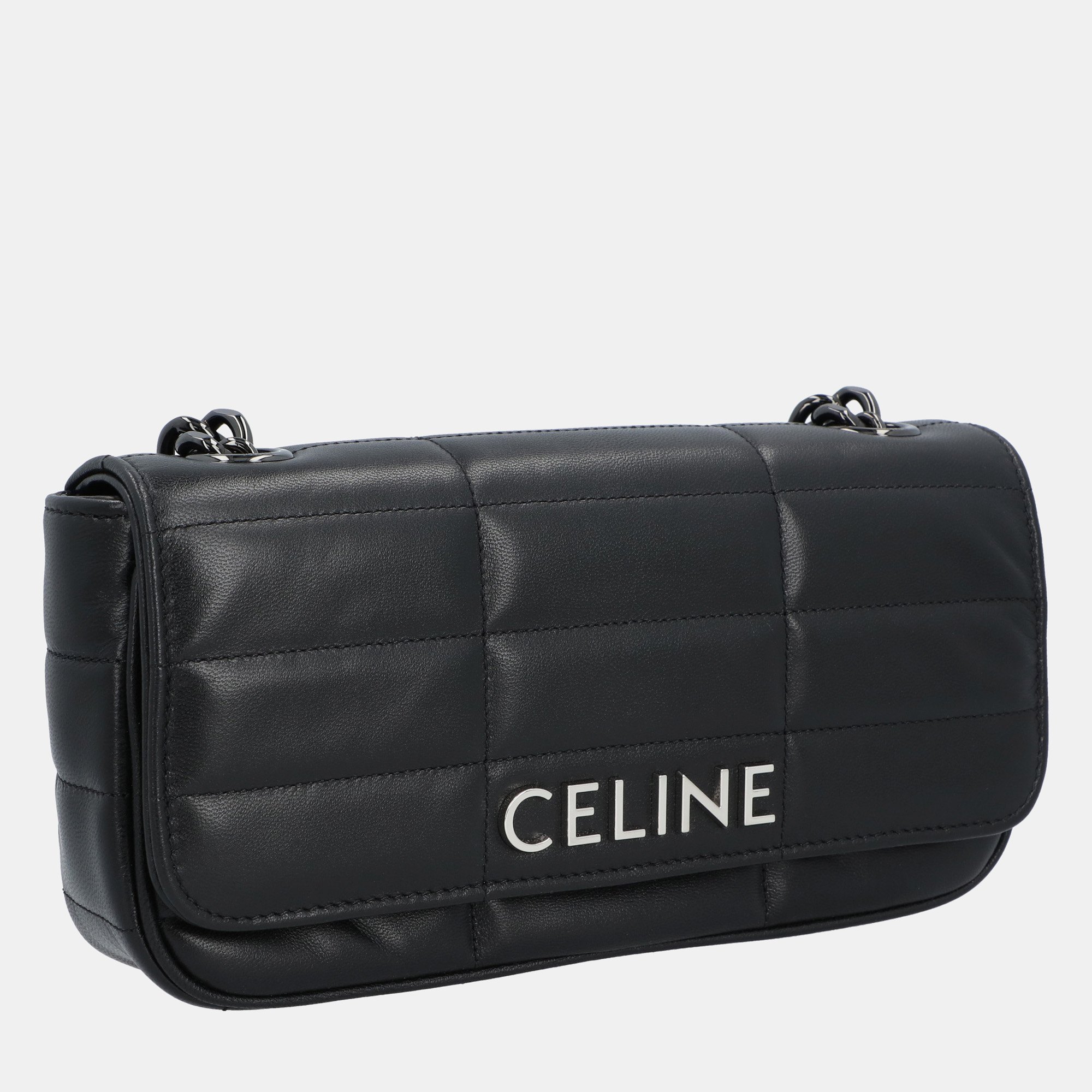 Celine Black Goatskin Leather Monochrome Matelasse Chain Shoulder Bag