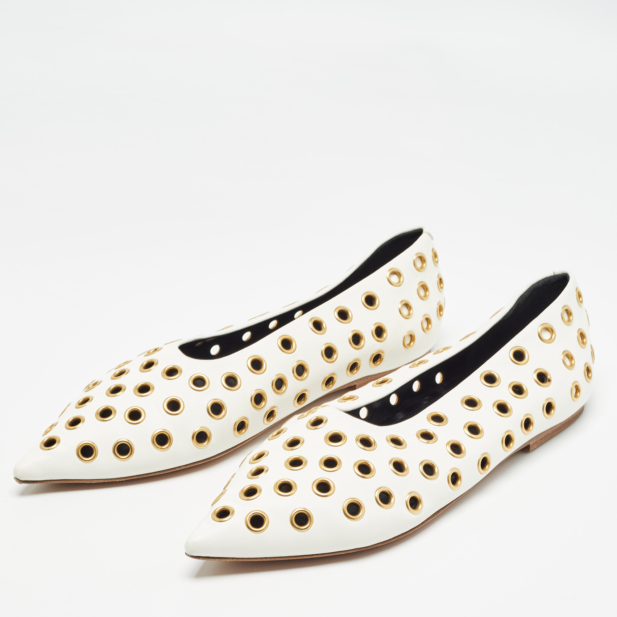 Celine Off-White Leather Eyelet Detail Ballet Flats Size 39.5