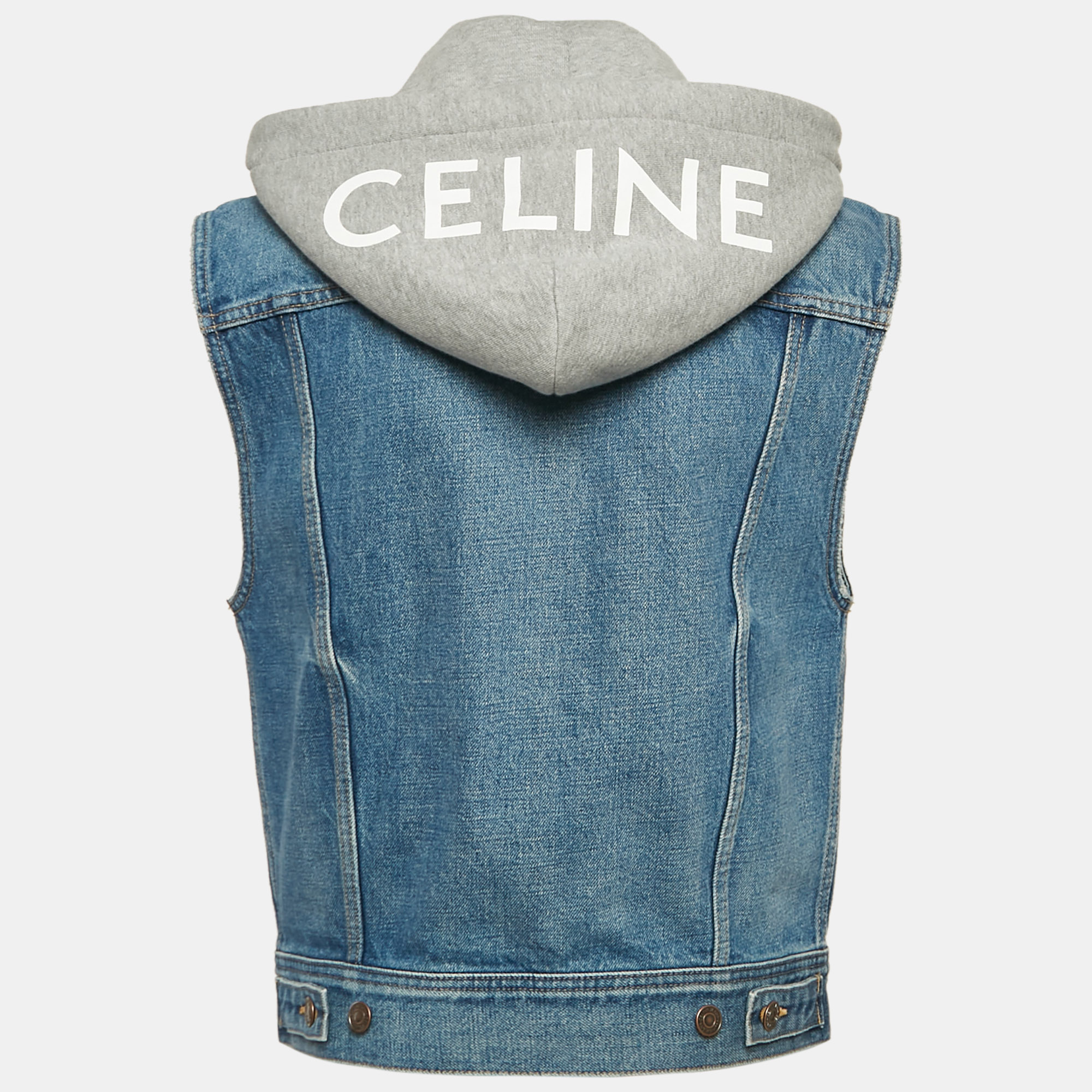 Celine Blue Logo Print Denim Hooded Sleeveless Jacket XS