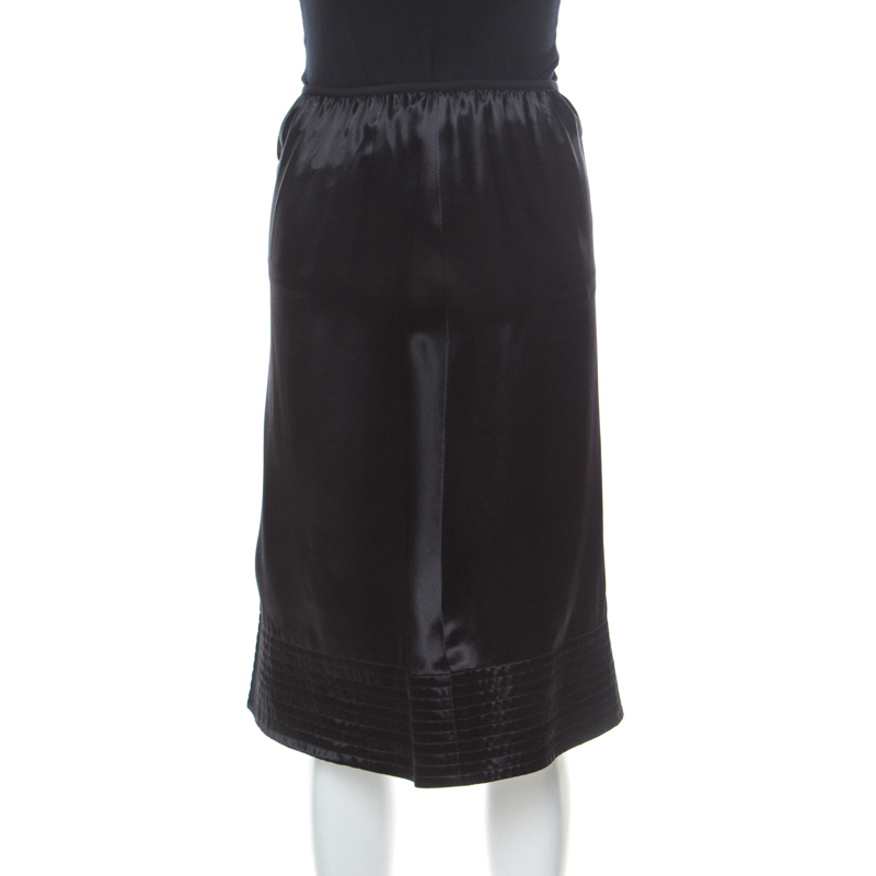 Image of Celine Black Satin Elasticized Waist Knee Length Skirt M