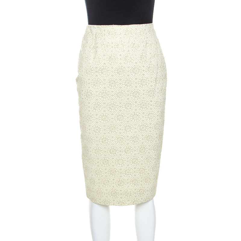 Image of Celine Yellow Stretch Embossed Lurex Jacquard Pencil Skirt S