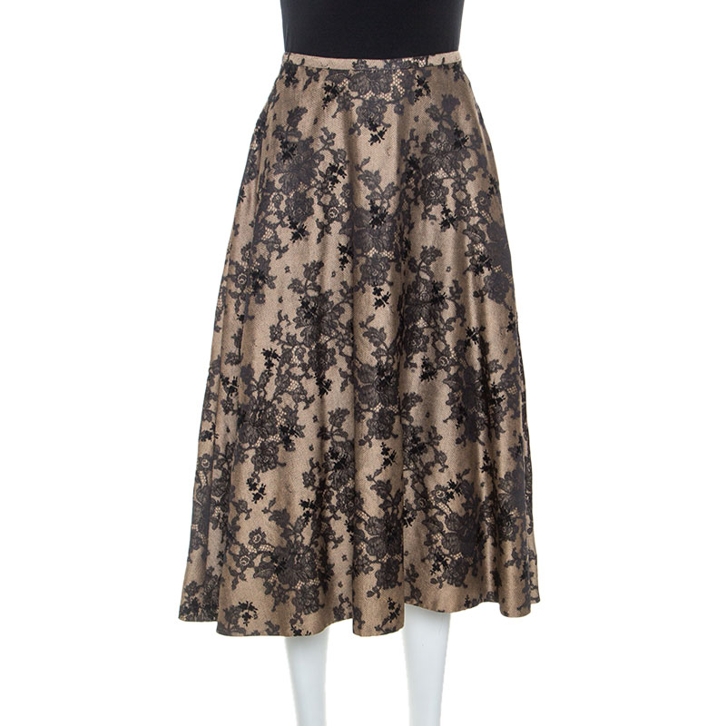 Image of Celine Black And Beige Floral Silk Jacquard Flared Skirt S