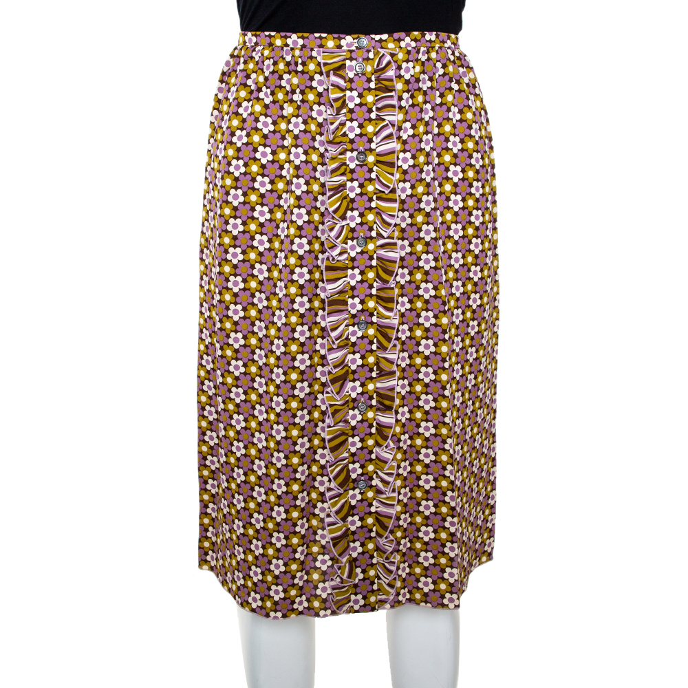 Image of Celine Multicolor Floral Print Silk Ruffled A-Line Skirt S