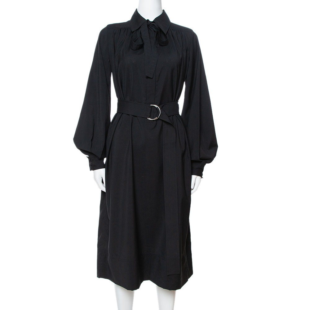 Image of Celine Black Wool Belted Shirt Dress S