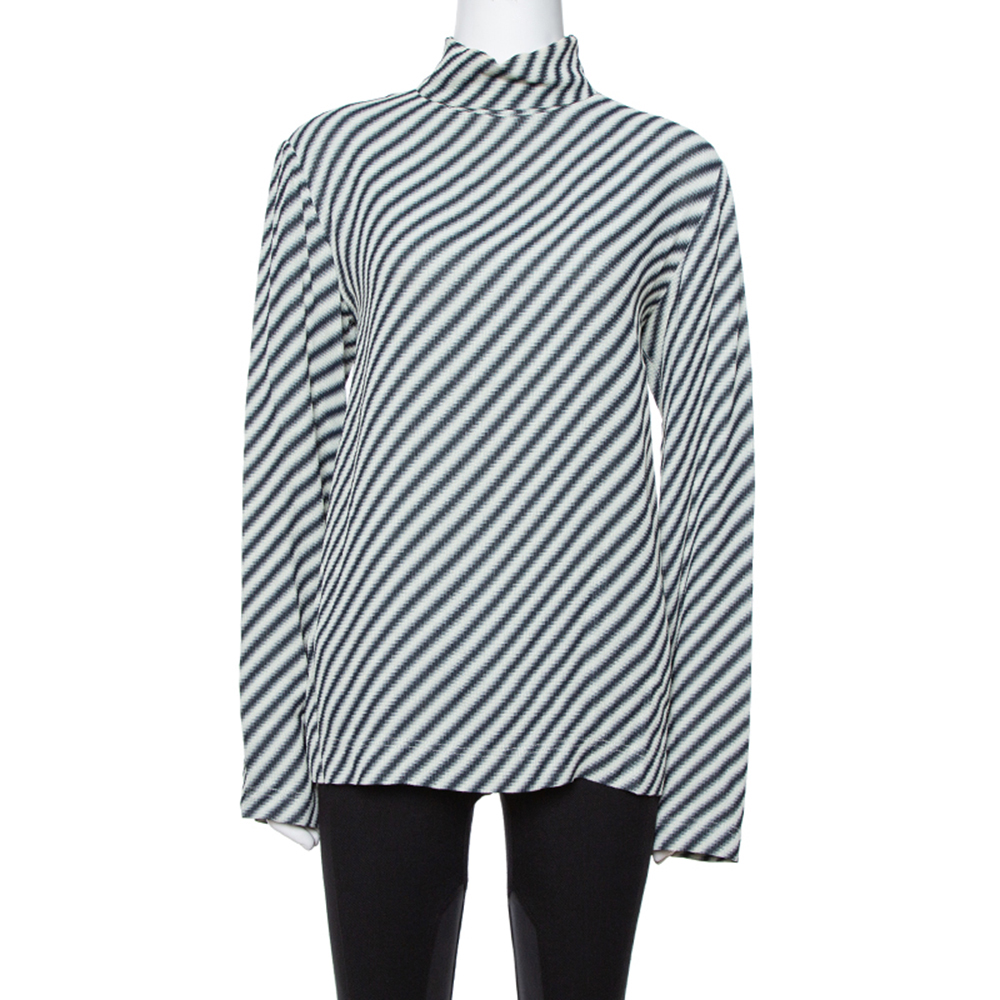Image of Celine Black Diagonal Stripe Textured Turtle Neck Top S