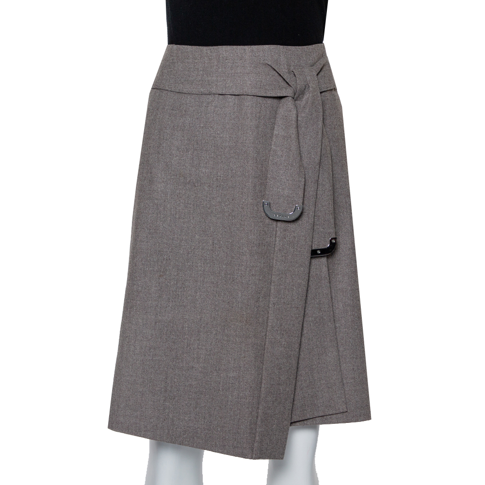 Celine Grey Wool Waist Tie Detail Faux Wrap Asymmetric Hem Skirt M