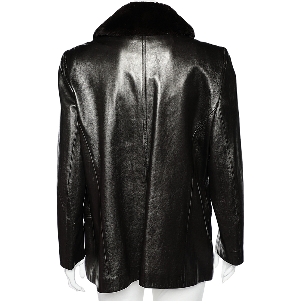 Celine Vintage Brown Leather Shearling Collar Zip Front Jacket L