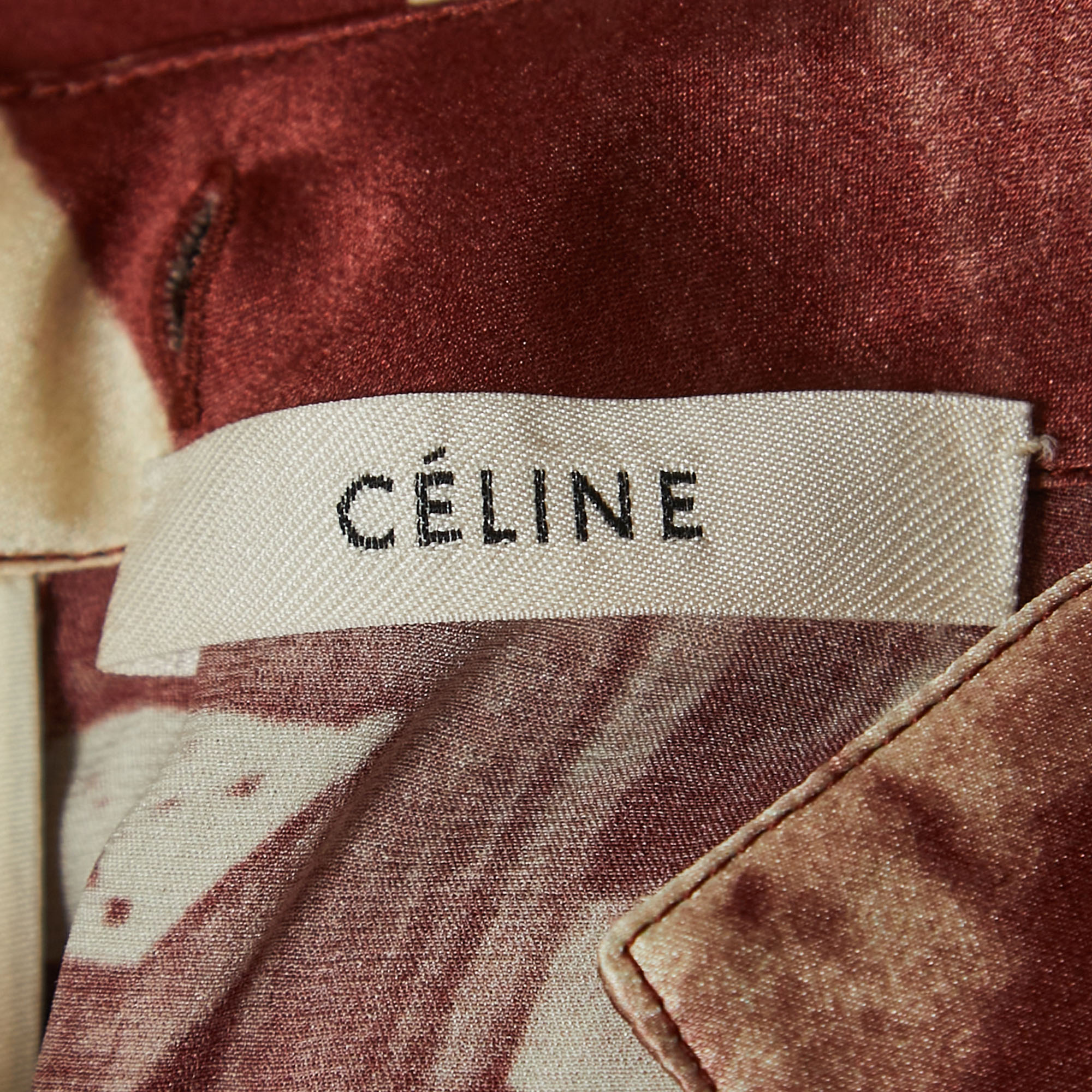 Celine Brown Factory Print Stretch Silk High Neck Tunic Top M