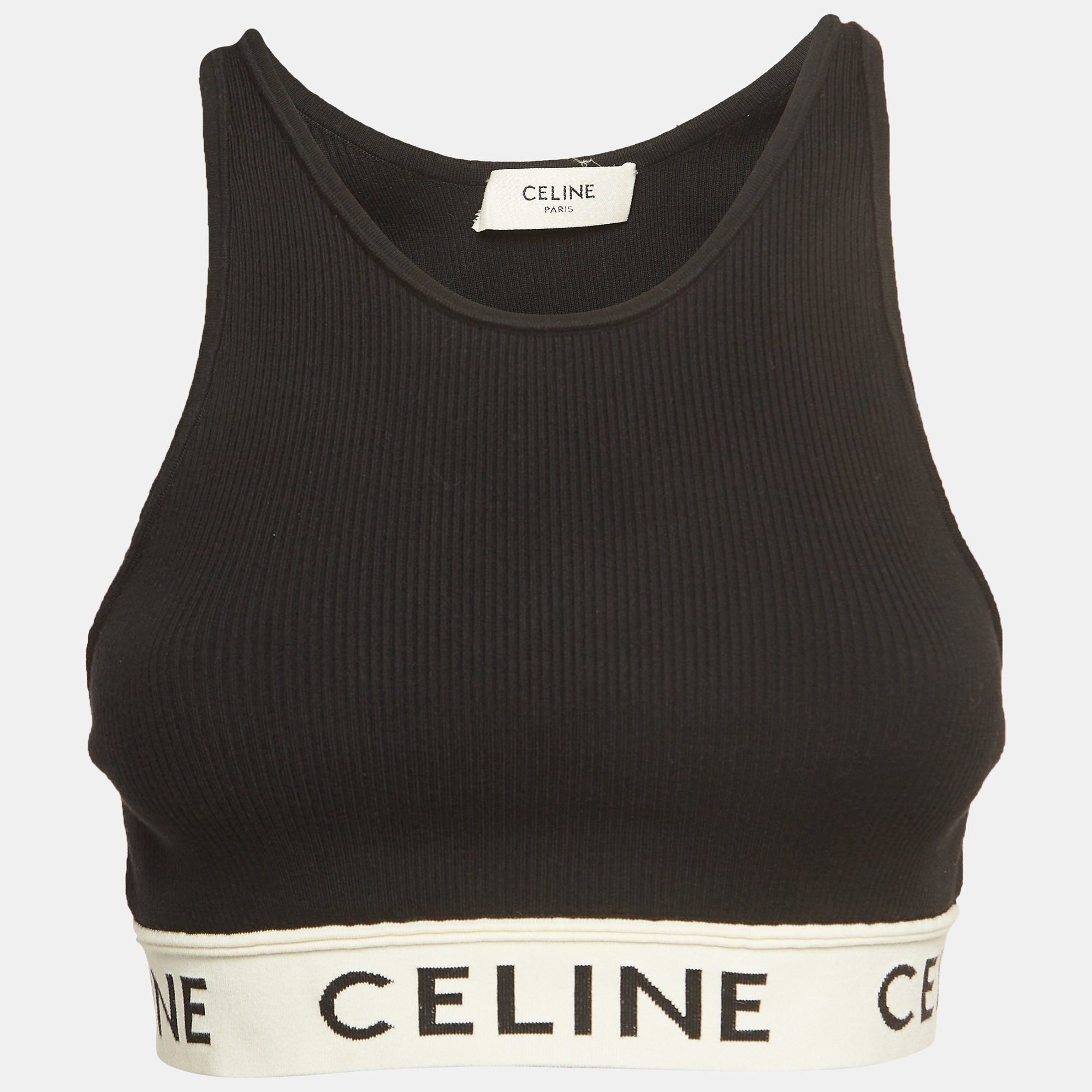 

Celine Black Logo Intarsia Hem Rib Knit Halter Neck Crop Top
