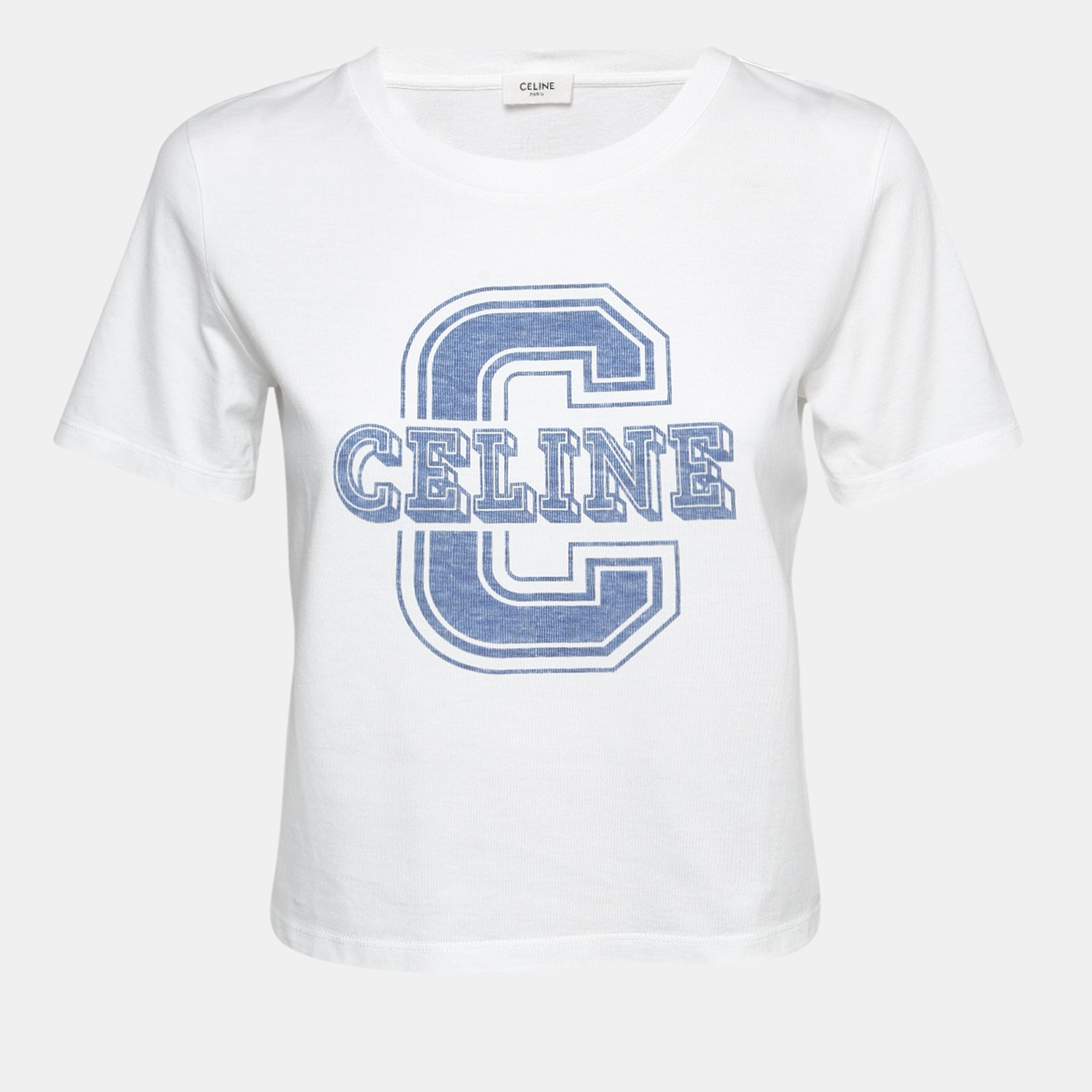 

Celine White Logo Print Cotton Crew Neck T-Shirt