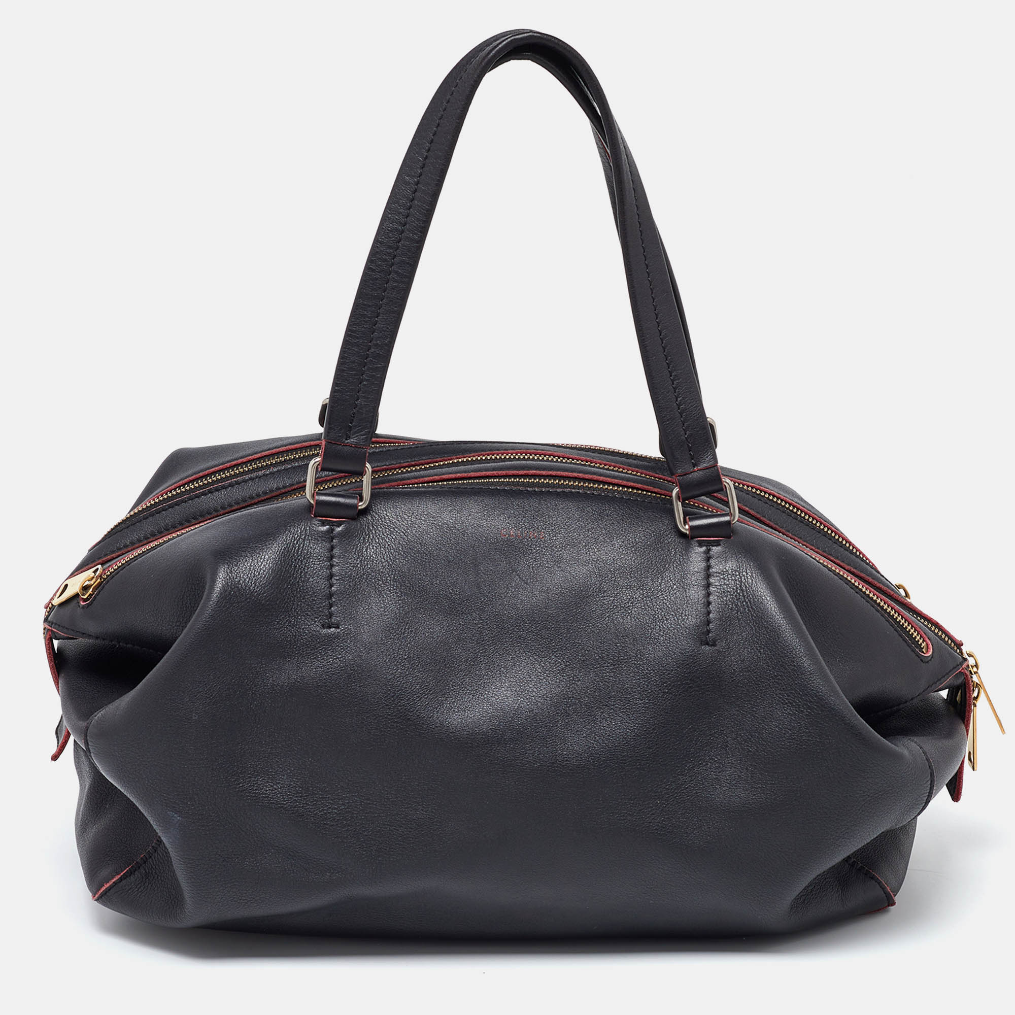 Celine black leather zip boston bag