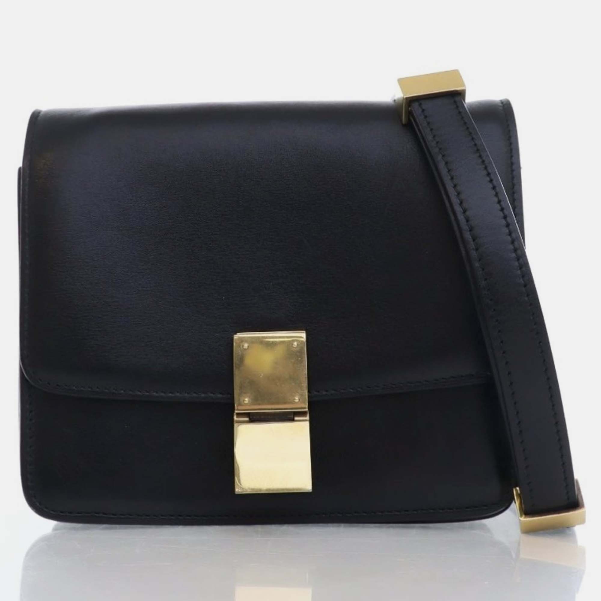 Celine black leather small classic box shoulder bags