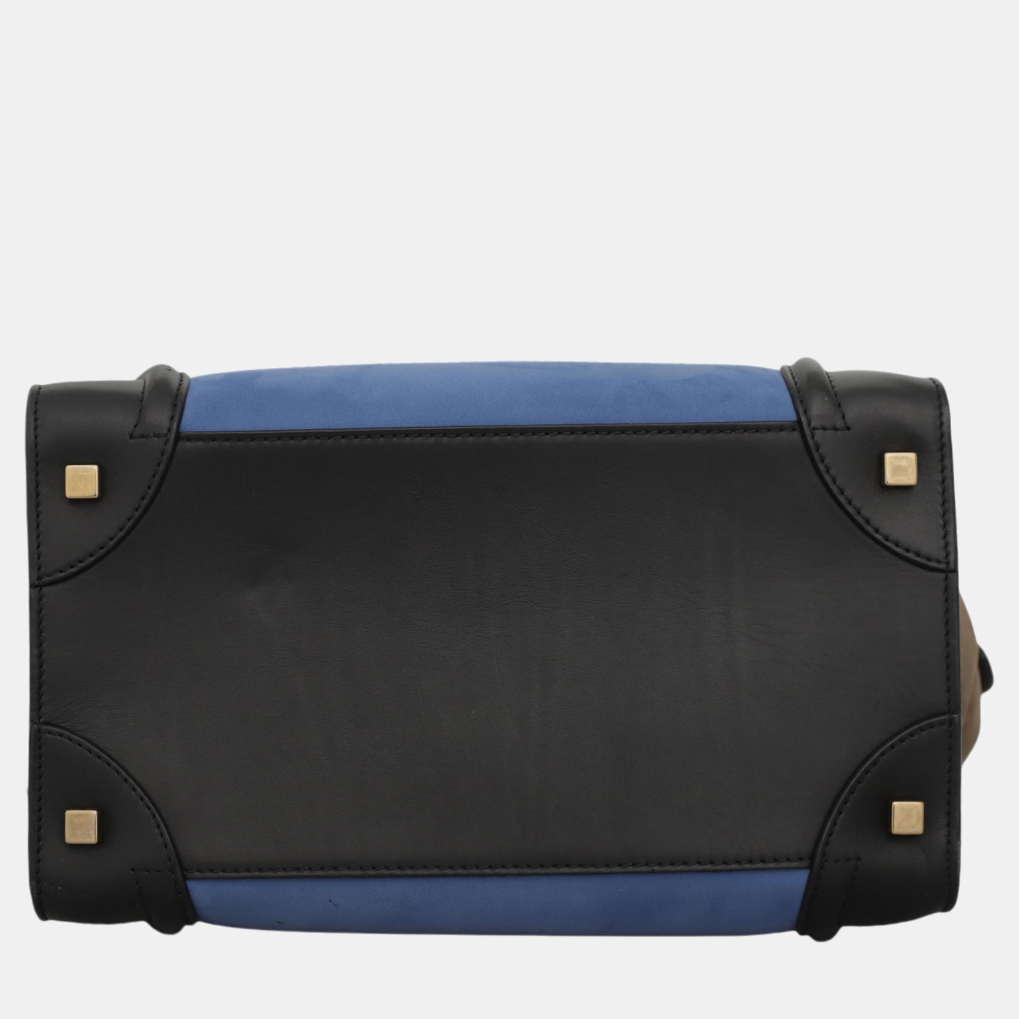 Celine Black, Blue, Dark Olive Green Leather Tricolor Mini Luggage Bag