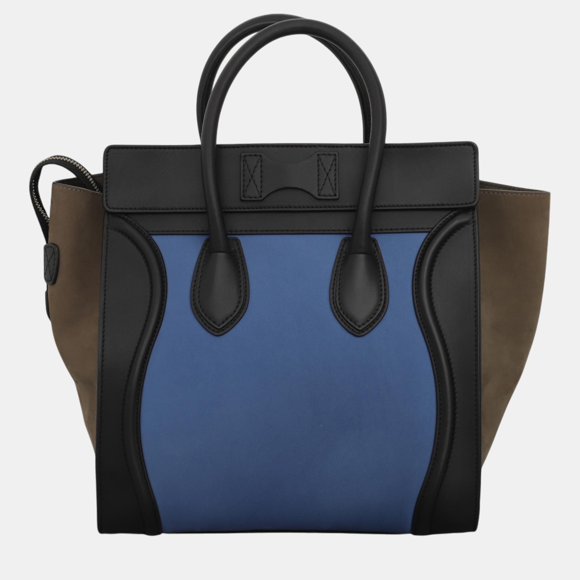 Celine Black, Blue, Dark Olive Green Leather Tricolor Mini Luggage Bag