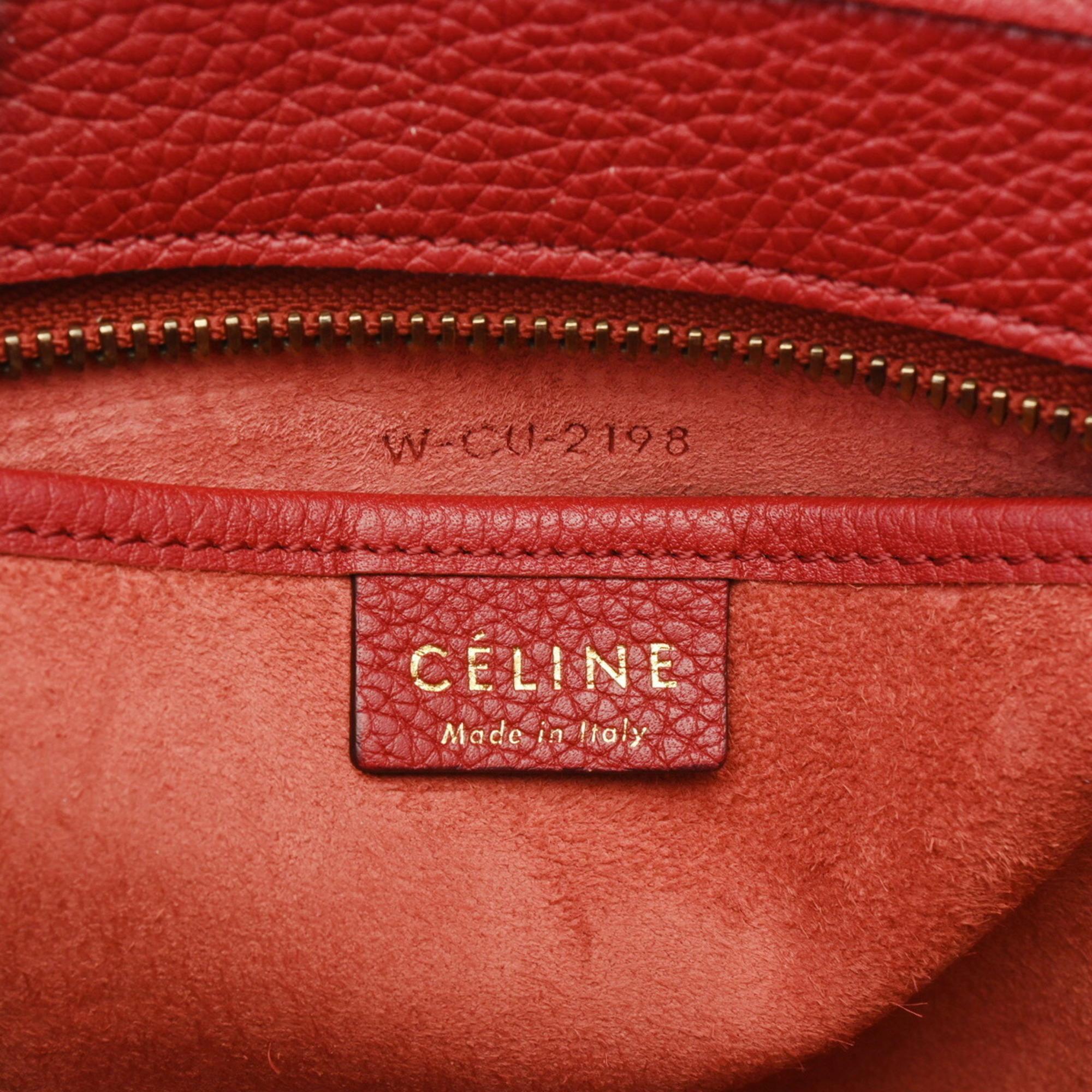 Celine Red  Drummed Calfskin Nano Shopper Luggage Handbag