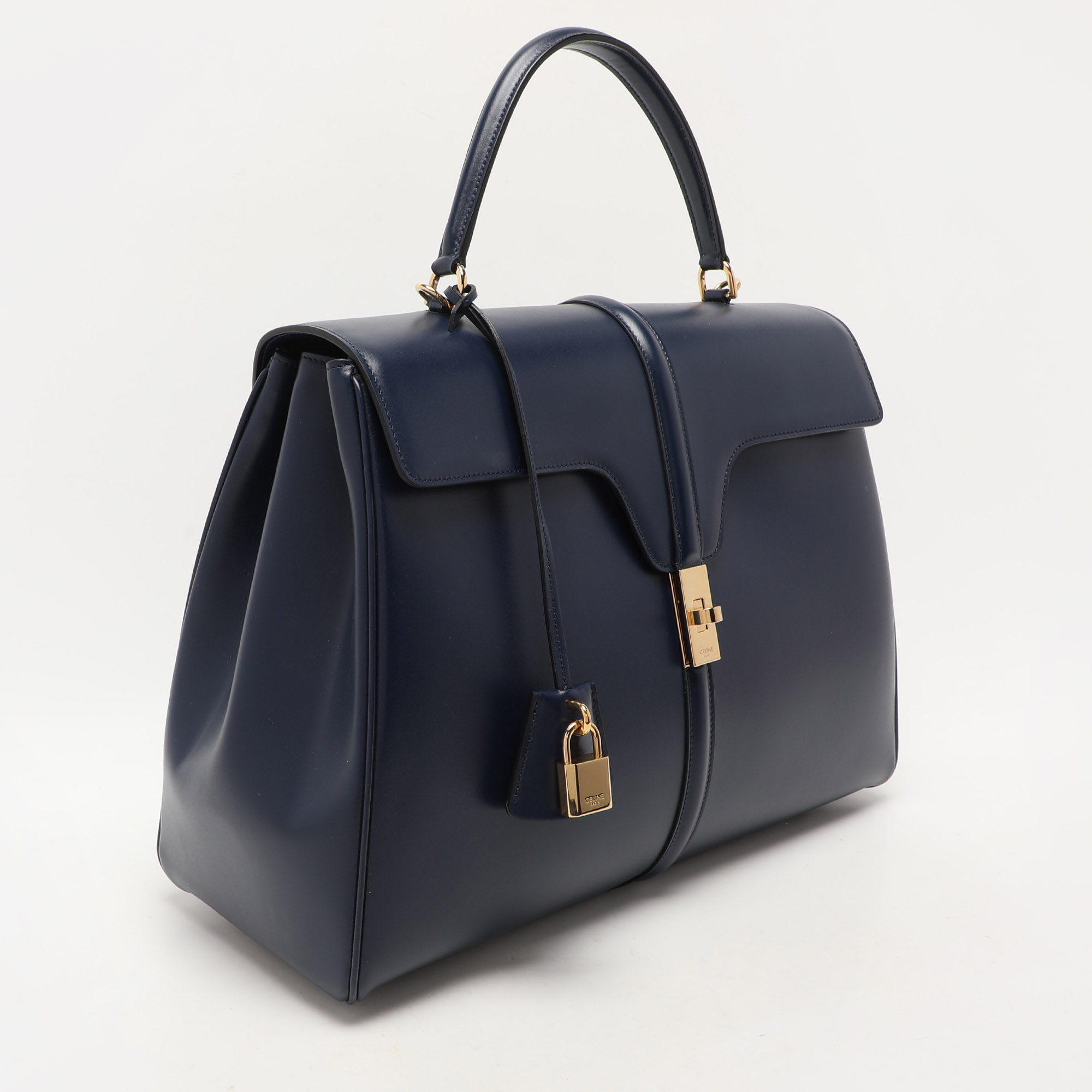 Celine Dark Blue Leather Large Classique 16 Top Handle Bag