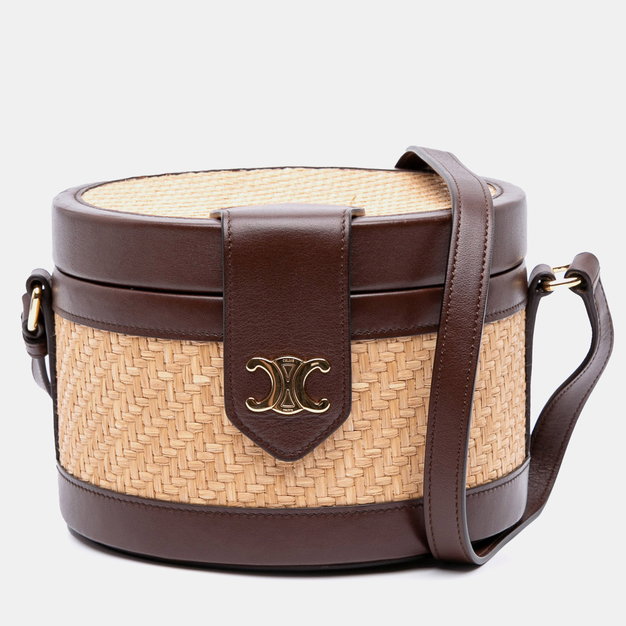 Celine Beige Brown Raffia and Calfskin Triomphe Tambour Medium Vanity Bag
Celine Beige Brown Raffia and Calfskin Triomphe Tambour Medium Vanity Bag
