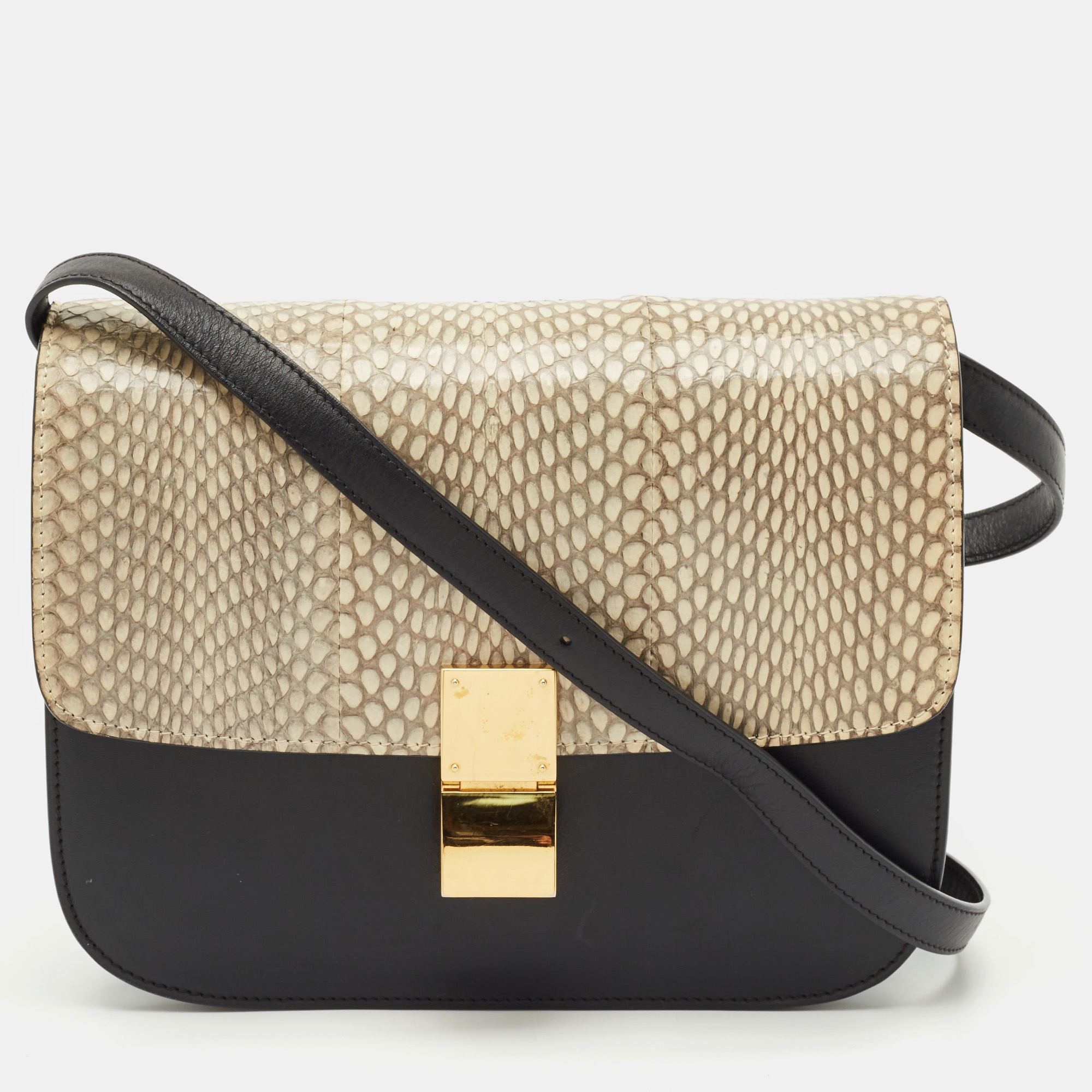 Celine Black/Off White Python and Leather Medium Classic Box Shoulder Bag
Celine Black/Off White Python and Leather Medium Classic Box Shoulder Bag