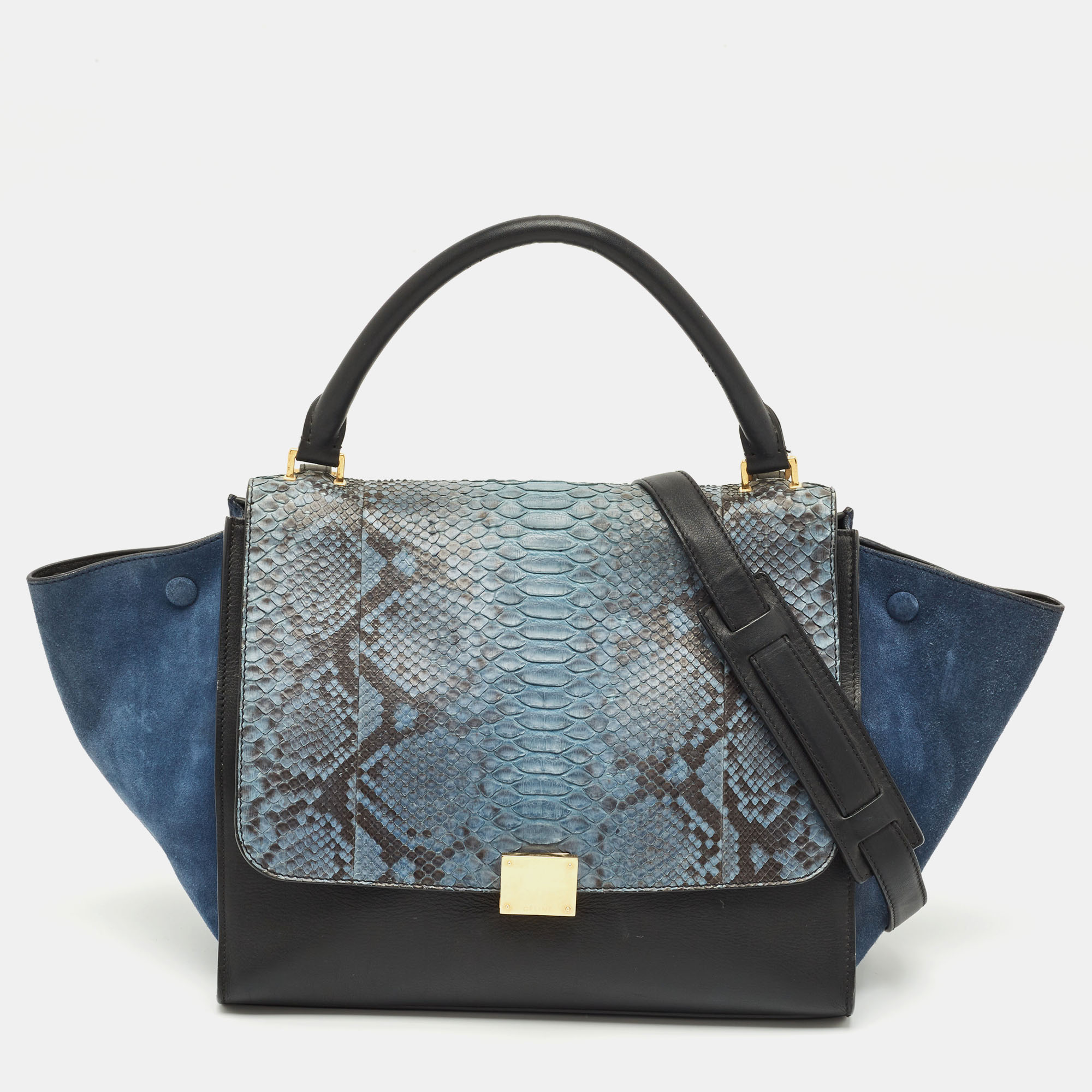 Celine Blue/Black Python, Leather and Suede Medium Trapeze Top Handle Bag - Celine - Modalova
