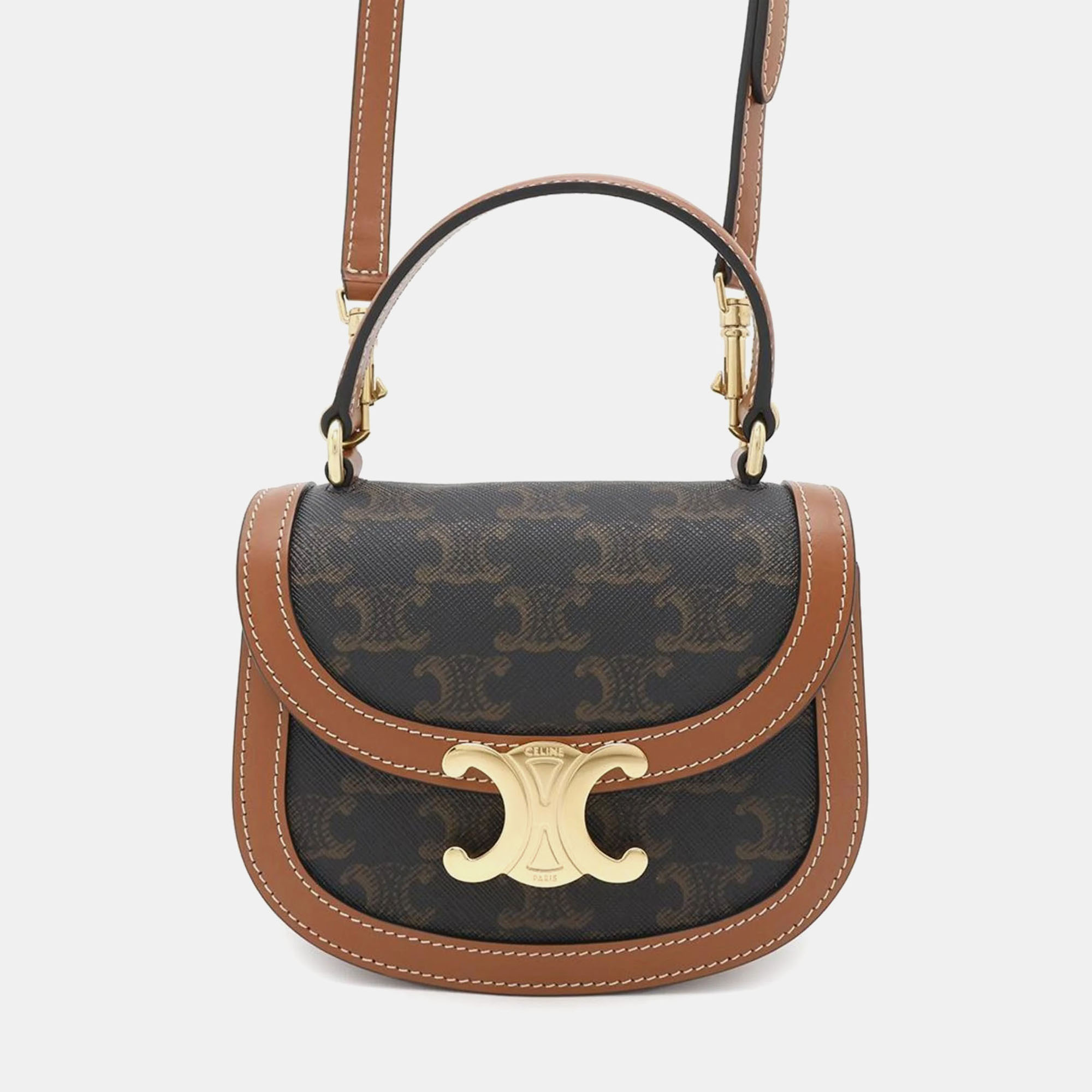 Celine Triomphe Mini Besace Clea Tan Canvas Calfskin Top Handle Bag