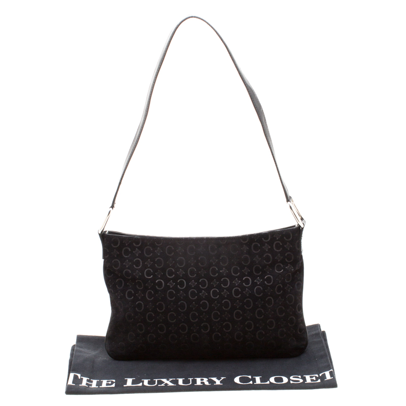 Celine Black C Logo Embossed Suede And Leather Shoulder Bag