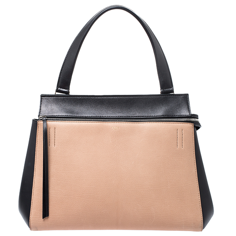 Celine Beige/Black Leather Medium Edge Top Handle Bag