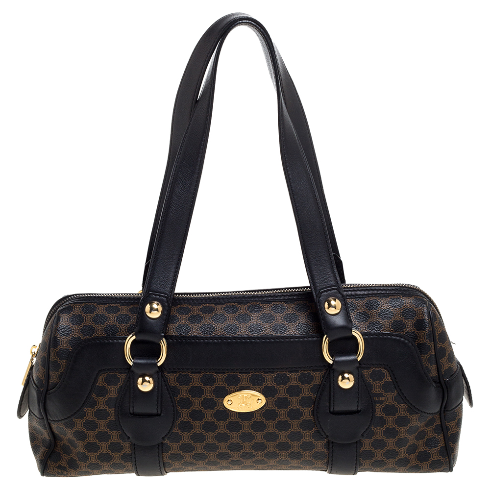 Image of Celine Black Macadam Coated Canvas and Leather Satchel