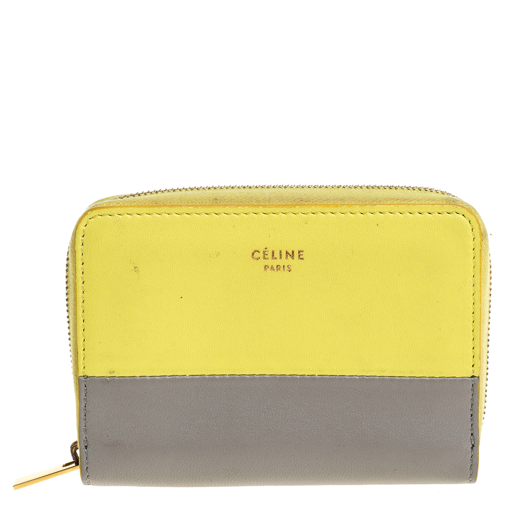 Image of Celine Yellow/Grey Leather Zip Around Coin Purse