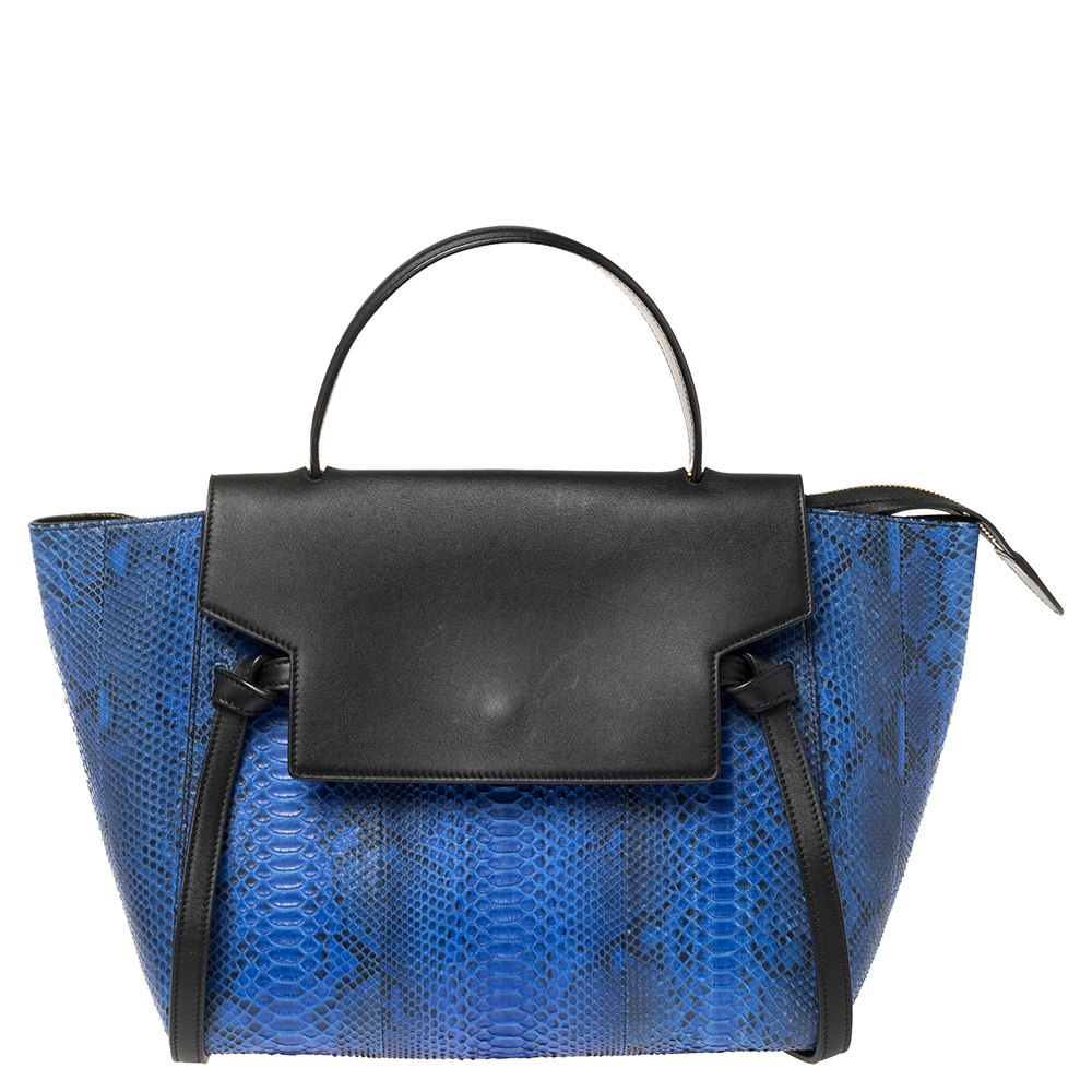 Image of Celine Blue/Black Python and Leather Mini Belt Top Handle Bag