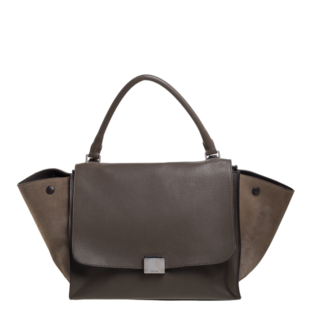 Celine Khaki Beige Leather and Suede Medium Trapeze Top Handle Bag