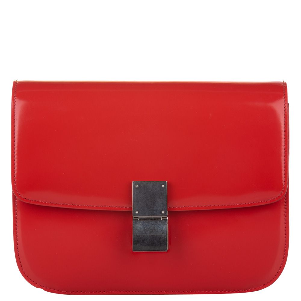 Celine Red Leather Medium Classic Box Shoulder Bag